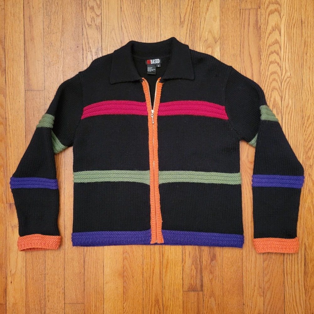 NY Based M Wool Knit Zip Up Cardigan Sweater Striped Colorful Vintage 90s Retro‎